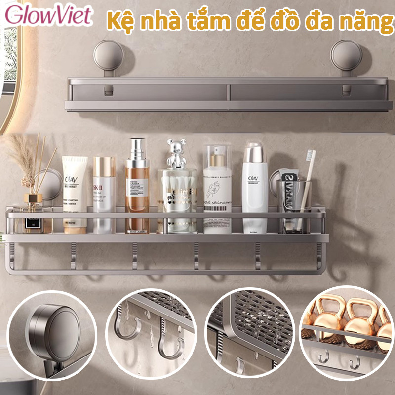 Kệ để đồ nhà tắm hút chân không kèm móc treo khăn,đa chức năng,thép Carbon, chịu lực tốt,Không cần khoan