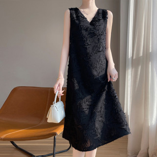 Đầm camisole cổ chữ V khoét tua rua, phong cách tối giản, chất liệu dày dặn dành cho nữ, đầm dài không tay dáng rộng