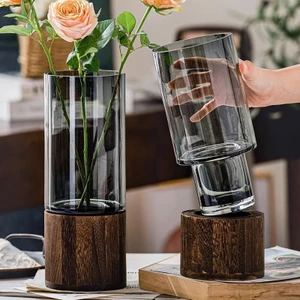 Bình Hoa Thủy Tinh Đế Gỗ Cao Cấp Phong Cách Ins Miệng Rộng 10cm Bình Cắm Hoa Trong Suốt Decor Nhà Cửa Sang Trọng [Nhiều Vân Hoa Văn]