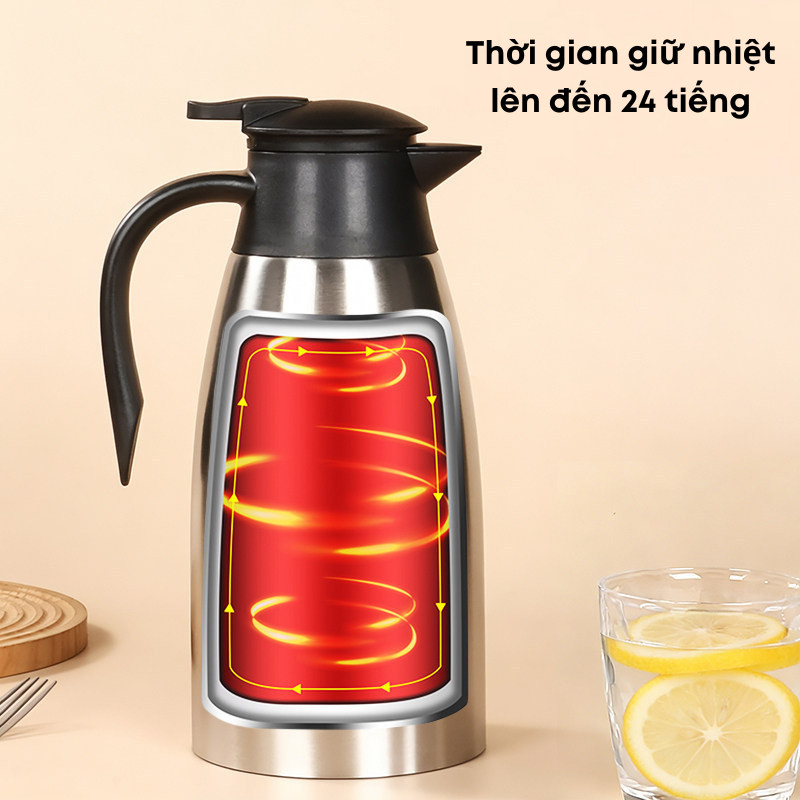 Bình Giữ Nhiệt 2L Inox 304 Cao Cấp 6 Lớp Khoá Nhiệt – Giữ Nóng Lạnh, Có Tay Cầm, Nút Bấm Rót Nước Tiện Lợi | 367