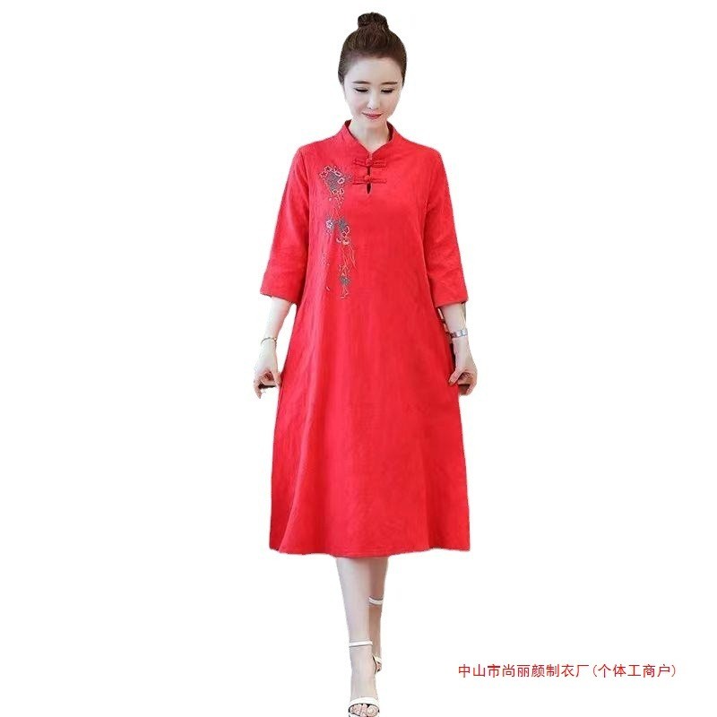 đầm nữ cỡ lớn mới mùa hè dành cho các quý cô, đầm dài vừa phải thêu họa tiết truyền thống bằng vải cotton-linen
