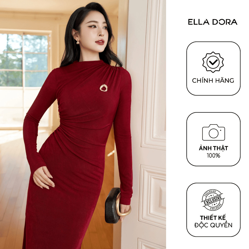 Đầm body ELLA DORA xếp ly eo form ôm co giãn dáng dài hiện đại dễ mặc hai màu ĐỎ ĐÔ/ĐEN [D268]