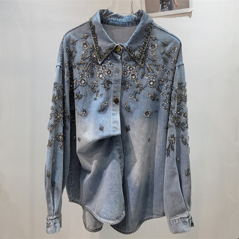 Mùa Xuân 2026 - Áo Sơ Mi Denim Đính Hạt Kim Cương Rời