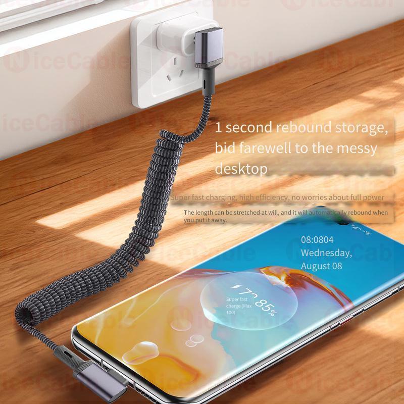 100W Stereo Khuỷu Tay Thiết Kế Bện Dây Dữ Liệu Lò Xo Xe Cáp Kính Thiên Văn USB / Loại C Sang Loại C Cáp Sạc Siêu Nhanh Cho Điện Thoại / Máy Tính Bảng