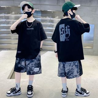 Bộ đồ bé trai mùa hè - áo thun tay ngắn in chữ + quần short loang màu thể thao năng động