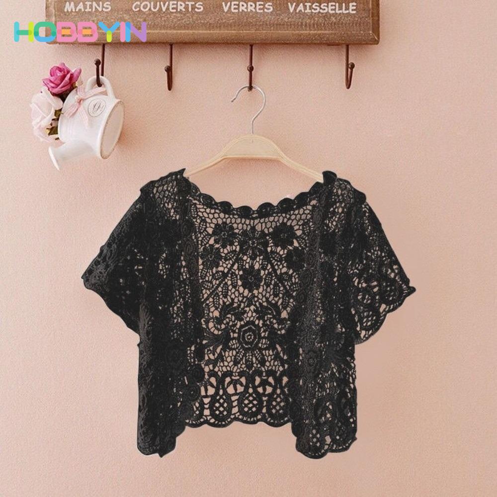 Áo khoác mùa hè HOBBYIN - Ren đen/trắng crop top và áo len cardigan ngắn tay, phù hợp cho nữ thanh lịch