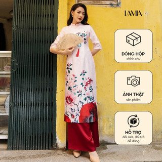 Áo dài cách tân Lamia Design AD045 lụa gấm dày dặn cao cấp màu hồng pastel phối họa tiết hoa hồng điệu đà