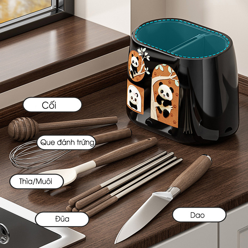 Hộp Đựng Đũa Gấu Trúc Treo Tường Không Cần Khoan, Giá Đựng Dao Kéo Nhà Bếp, Kệ Để Đũa Thoát Nước Gọn Gàng DINO