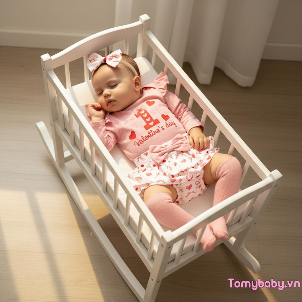 Trang phục ngày lễ tình nhân cho bé gái Áo liền quần dài tay in hình trái tim + Ruffle Skort + Băng đô + Bộ vớ