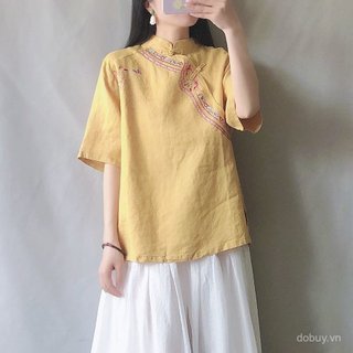 Hanfu Top Qipao nữ phong cách dân tộc retro, thêu tay, chất liệu cotton và lanh, màu sắc đơn giản, cổ khóa - phù hợp mùa hè