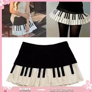 Women's Waist Pleated Vintage Aesthetic Piano Key Print A Line Mini Skirt