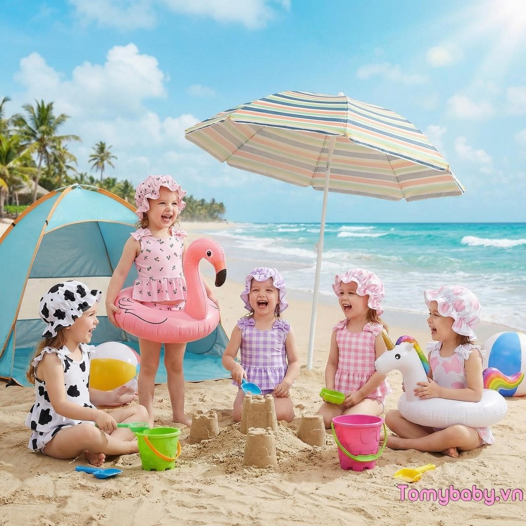 Đồ bơi bé gái mới biết đi Áo bơi xù không tay + Quần + Mũ chống nắng 3 chiếc Bộ đồ tắm trang phục