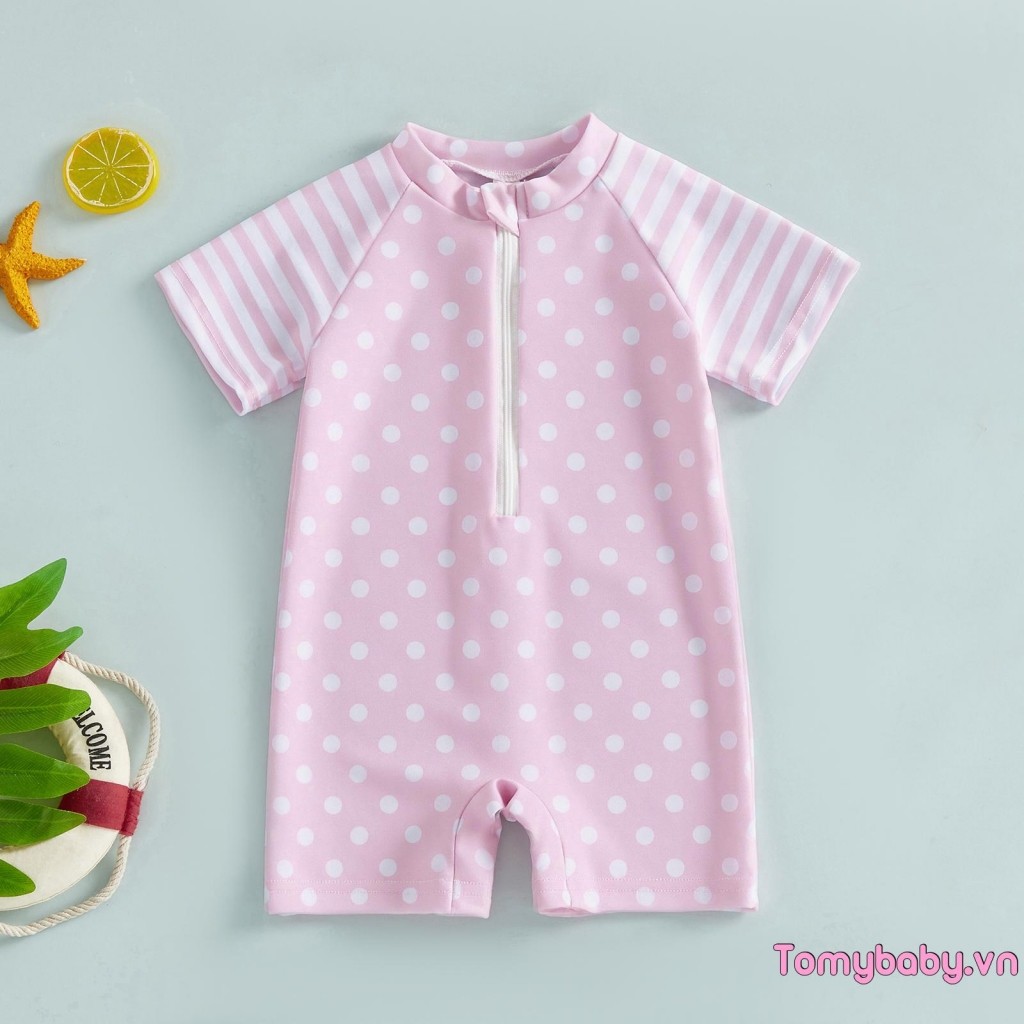 Đồ bơi bé gái mới biết đi Mùa hè tay ngắn cổ tròn chấm sọc in dây kéo phía trước Đồ bơi dễ thương