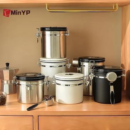 CMinYP 1.2 / 1.5 / 1.8L Hộp đựng hạt cà phê có muỗng kín Hộp đựng cà phê bằng thép không gỉ Bảo quản nhà bếp vinh quang