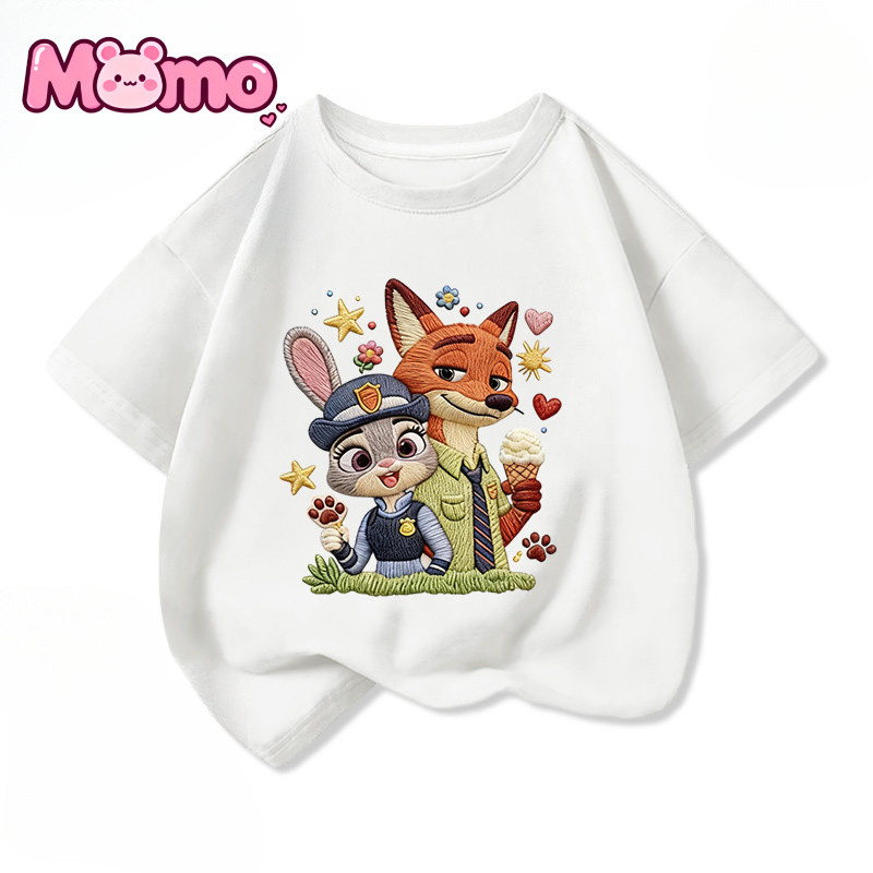 Zootopia Họa Tiết Hoạt Hình In Hình Bé Trai Và Bé Gái Cùng Phong Cách Thời Trang Tay Ngắn Cổ Tròn Trẻ Em Top
