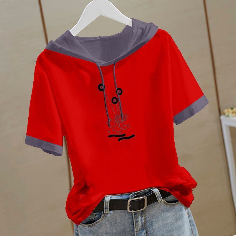 Áo thun cotton nữ mùa hè có mũ trùm đầu, phong cách Hàn Quốc, dáng rộng