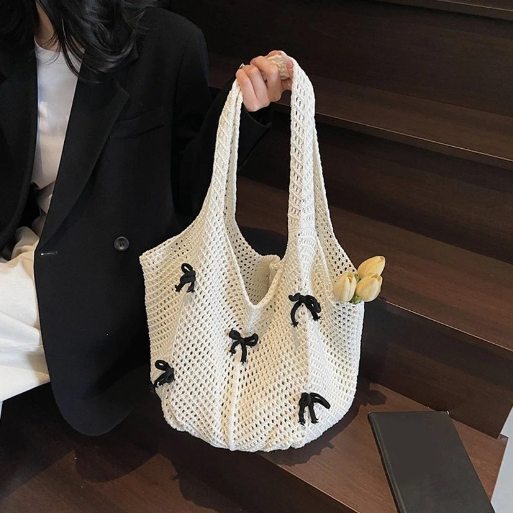 Túi đeo vai dệt kim HOBBYIN, Túi xách dệt rỗng nơ, Túi Tote họa tiết móc nhẹ thời trang phong cách Bohemian đi biển