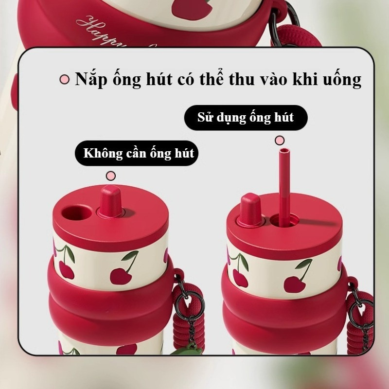 750ml Bình Giữ Nhiệt Inox 316, Hình Quả Cherry, Giữ Nhiệt 6h Tay Cầm Ống Hút In, Giữ Nhiệt 6h Cho Văn Phòng