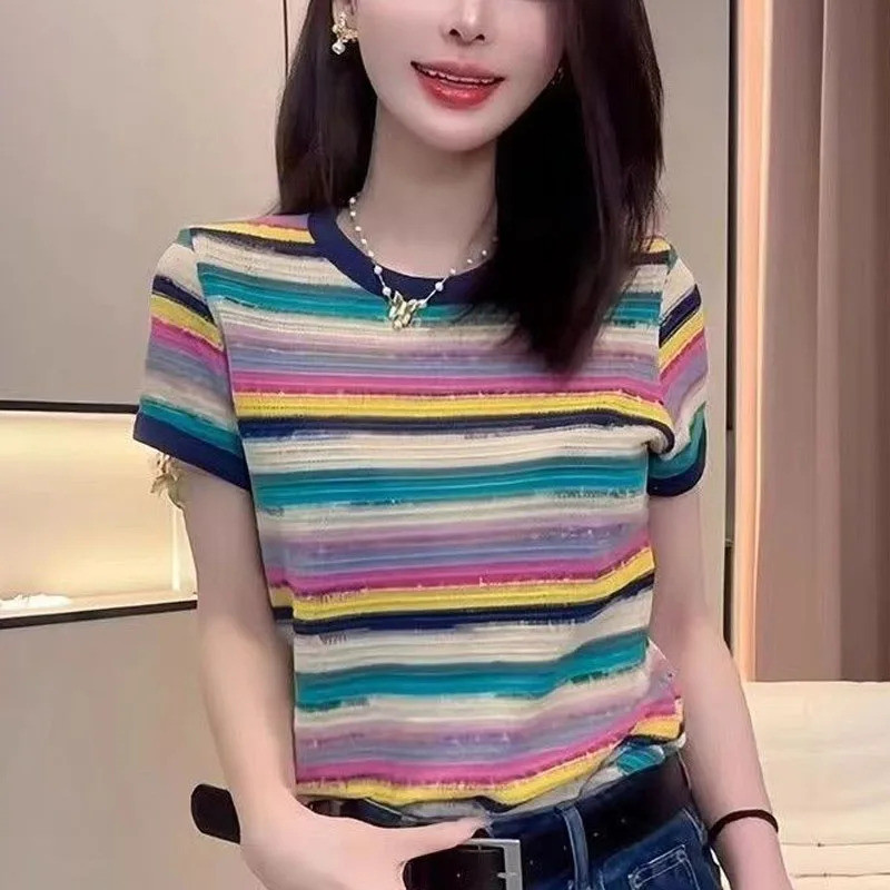 Áo thun sọc ngắn tay 3D mùa hè mới dành cho nữ