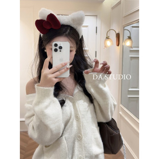 Bờm cài tóc tai mèo lông xù nơ đỏ màu trắng siêu cute cho bạn nữ