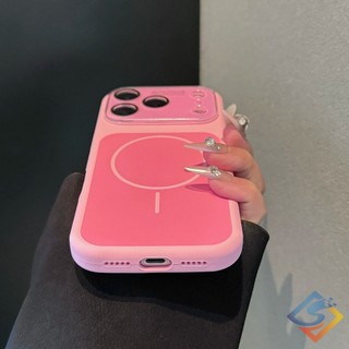 Ốp Điện Thoại Từ Silicon Lỏng Vuông Hoa Hồng Hồng Mới Cho IPhone 17 Pro Max 16 Pro Max 15ProMax Ống Kính Cửa Sổ Lớn Mặt Sau Cứng Vỏ Chống Sốc