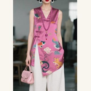 [Khuyến mãi ngắn hạn] Áo vest đỏ hồng phong cách Trung Quốc, thiết kế khóa kéo sang trọng, trendy mùa hè.