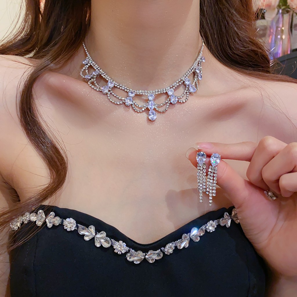 Bộ bông tai và vòng cổ giọt nước cao cấp, phù hợp hàng ngày, trang sức nhẹ