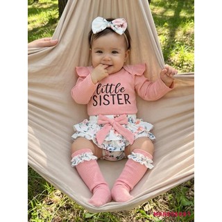 MG-Baby Girl Fall Trang Phục In Chữ Áo Liền Quần Dài Tay Nơ Lớp Váy Xù Nơ Băng Đô Và Vớ 4 Bộ