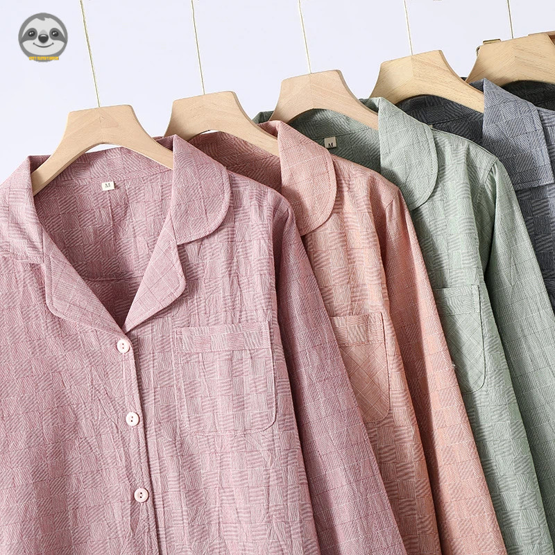 Phong cách Nhật Bản Muji Style / Cặp đôi Dark Check Pure Cotton dài tay Loungewear / Bộ đồ ngủ nam nữ mùa xuân thu / Bộ đồ ngủ đi chơi mềm mại thoải mái