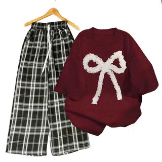 Bộ quần ống rộng caro đen to+ và áo phông nam nữ chất vải cotton su popop -thuba94