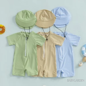 Tập Đi Bé Trai Sọc Đồ Bơi Tay Ngắn Nửa Dây Kéo Chống Đập Rash Guard Đồ Bơi Sunhat Bộ