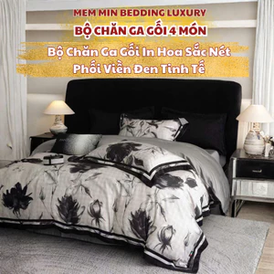 Bộ vỏ chăn ga gối 4 món Memminbedding Luxury gam màu trung tính in hoa sắc nét, phong cách hiện đại