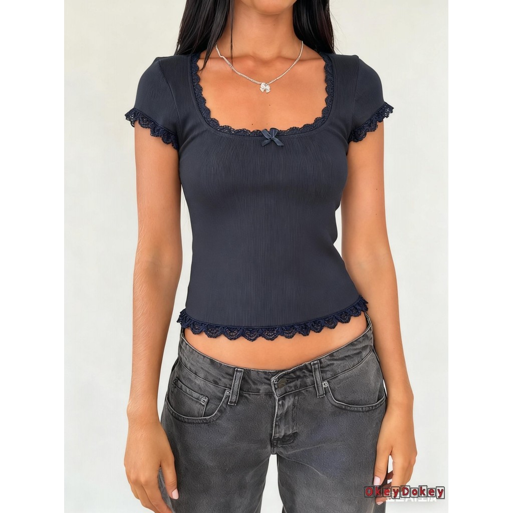 Áo sơ mi ren viền nữ mùa hè, màu trơn, form slim fit tay ngắn thời trang