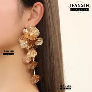 Bông tai cổ điển FANSIN, Bông tai rỗng màu vàng hoa, Thiết kế dài phóng đại Bông tai hoa hồng Boho Phụ kiện cá tính