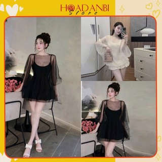 Set Đầm Tiểu Thư 2 Chi Tiết Màu Kem/Đen Phối Áo Choàng Bồng Bềnh, Set Đồ Sang chảnh