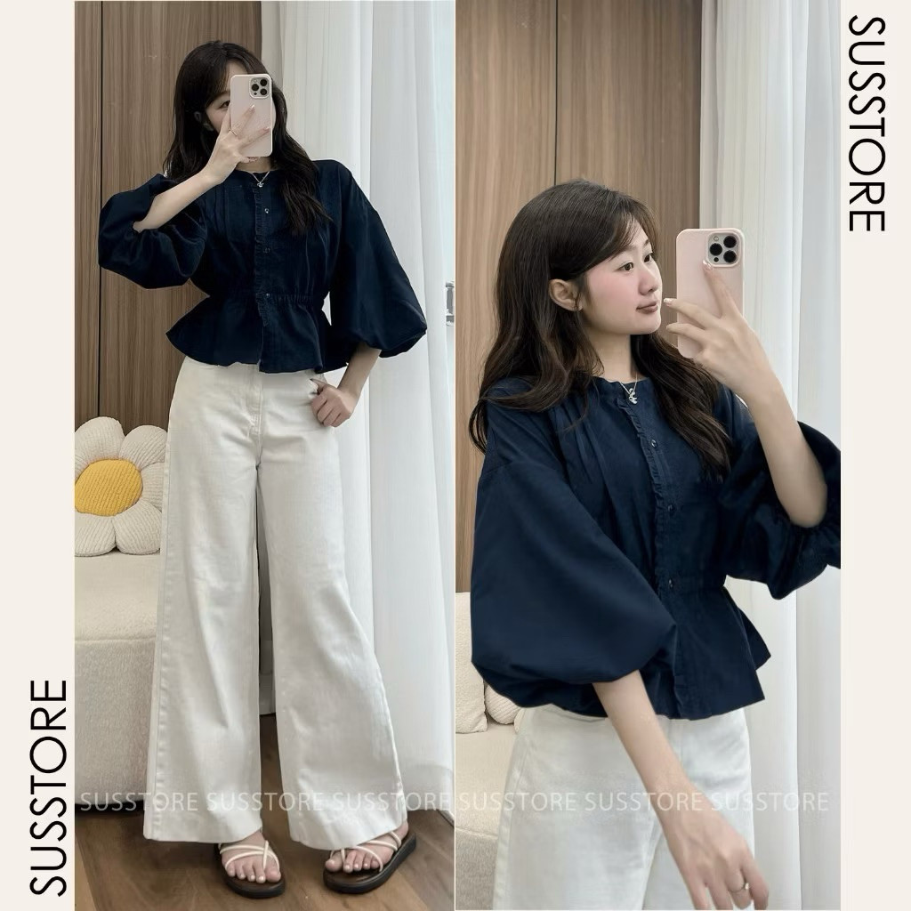 Áo Sơ Mi Xếp Li Trước Cúc Dọc Viền Bèo Chun Eo Tay Bồng A7216