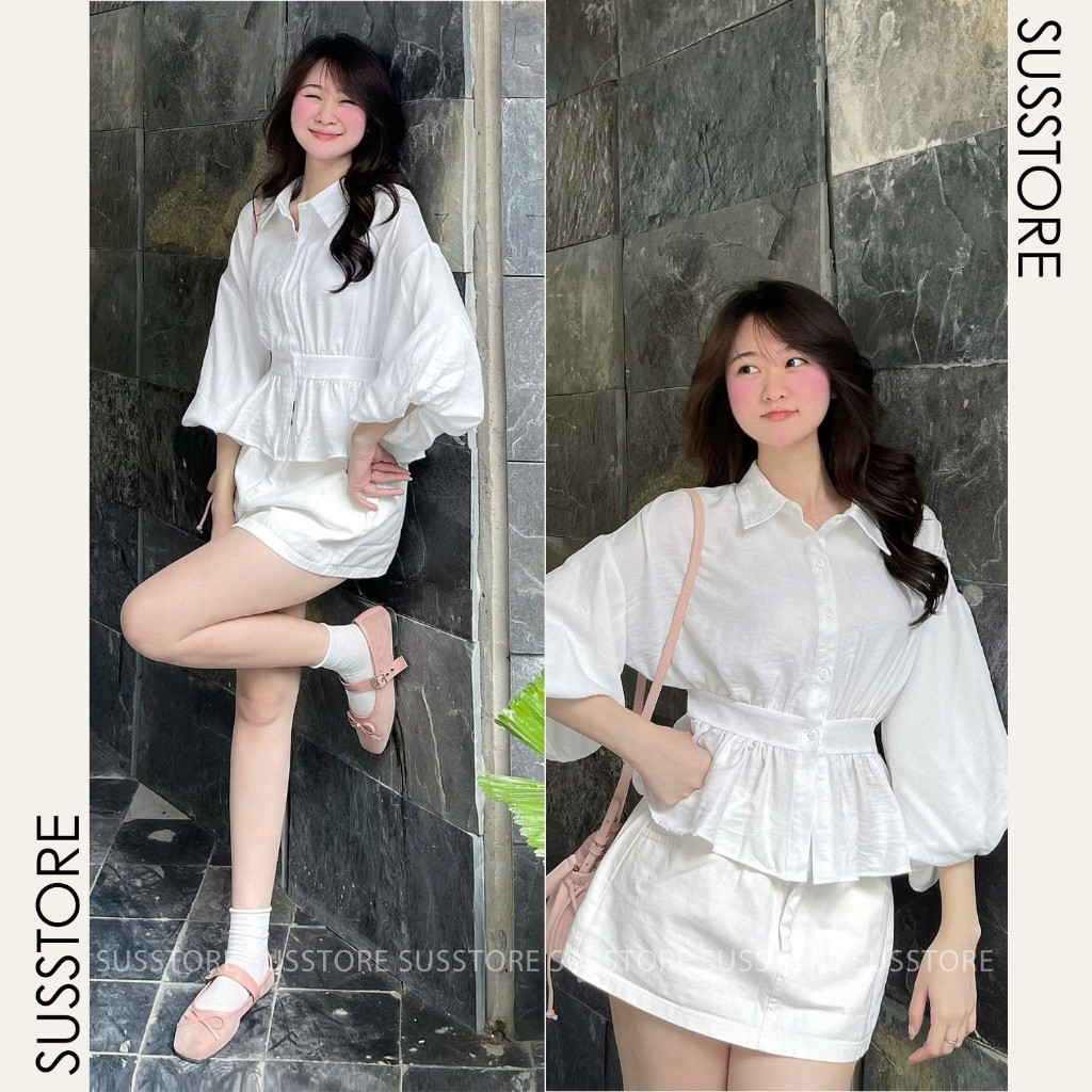 Áo Sơ Mi Bo Eo Lưng Chun Tay Bồng Cúc Dọc Đũi Hàn A322644 Thời Trang Nữ