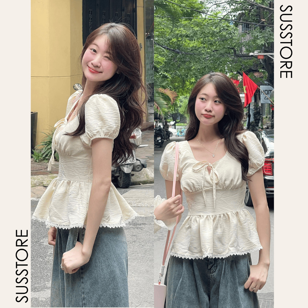 Áo Kiểu Nơ Buộc Bo Eo Tay Bồng Pha Ren A315517  Thời Trang Nữ Bigsize