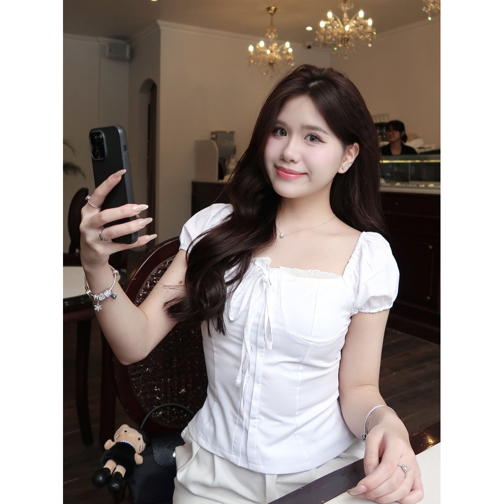 Áo babydoll nữ kiểu Linen rabtit tay phồng nơ ngực công chúa phong cách Kimee Ma55380