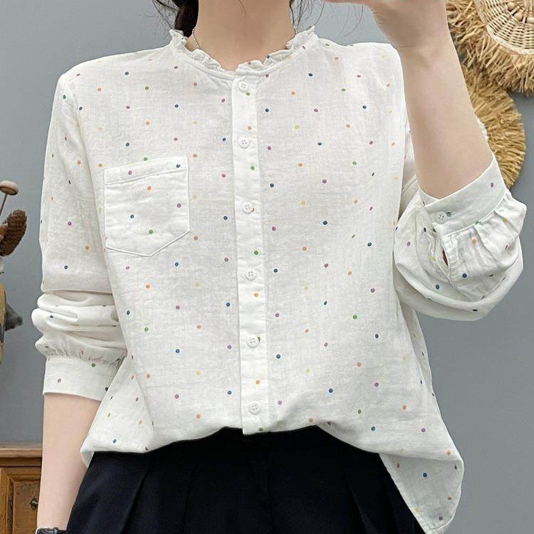 Áo sơ mi nữ 100% sợi cotton cao cấp, họa tiết chấm bi, thời trang hàng ngày
