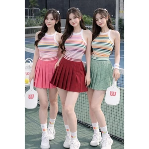 Bộ thể thao nữ, Sét áo yếm mix váy xếp ly hai lớp tập Pickleball Golf Tennis ...