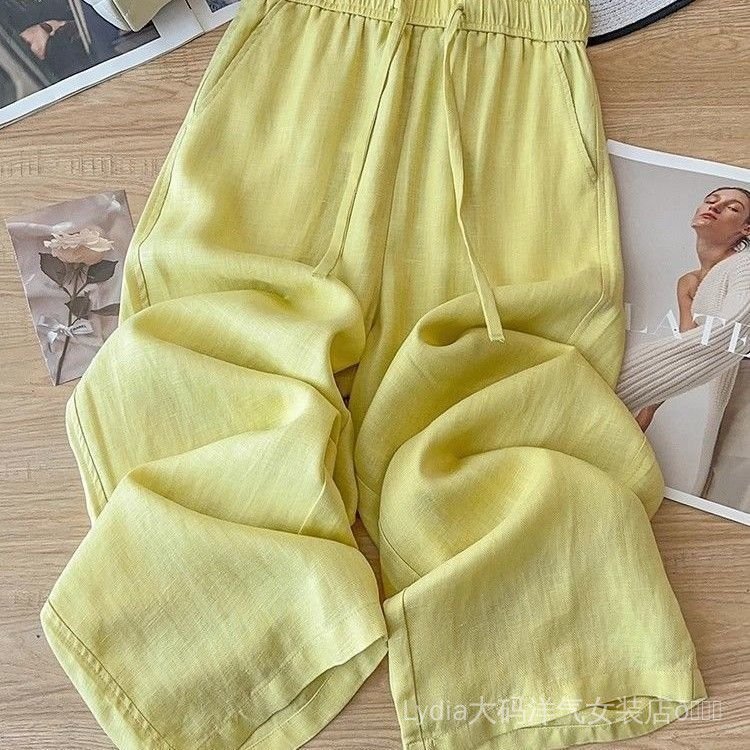 Quần ống rộng eo cao màu vàng chất liệu linen drap - Phong cách mỏng nhẹ,deal ưu đãi mùa hè
