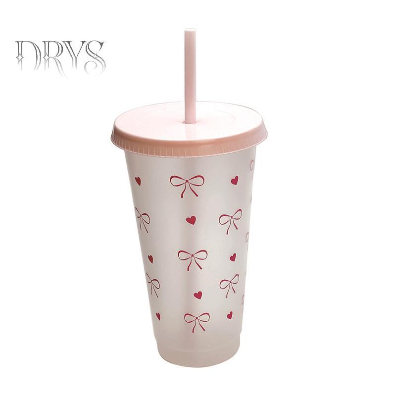 (TFT) Bình Nước Kawaii Cốc Thẩm Mỹ Cho Đá Cà Phê Nước ép Trà Nơ Dễ Thương Cốc Nhựa Có Nắp Ống Hút Chai Uống Di Động MỚI