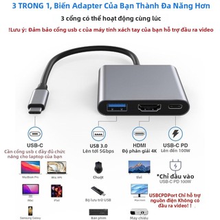 Bộ chuyển đổi 3 trong 1 Hub Type C sang HDMI Cáp sạc 4K USB 3.0 Bộ chuyển đổi USB-C 3.1