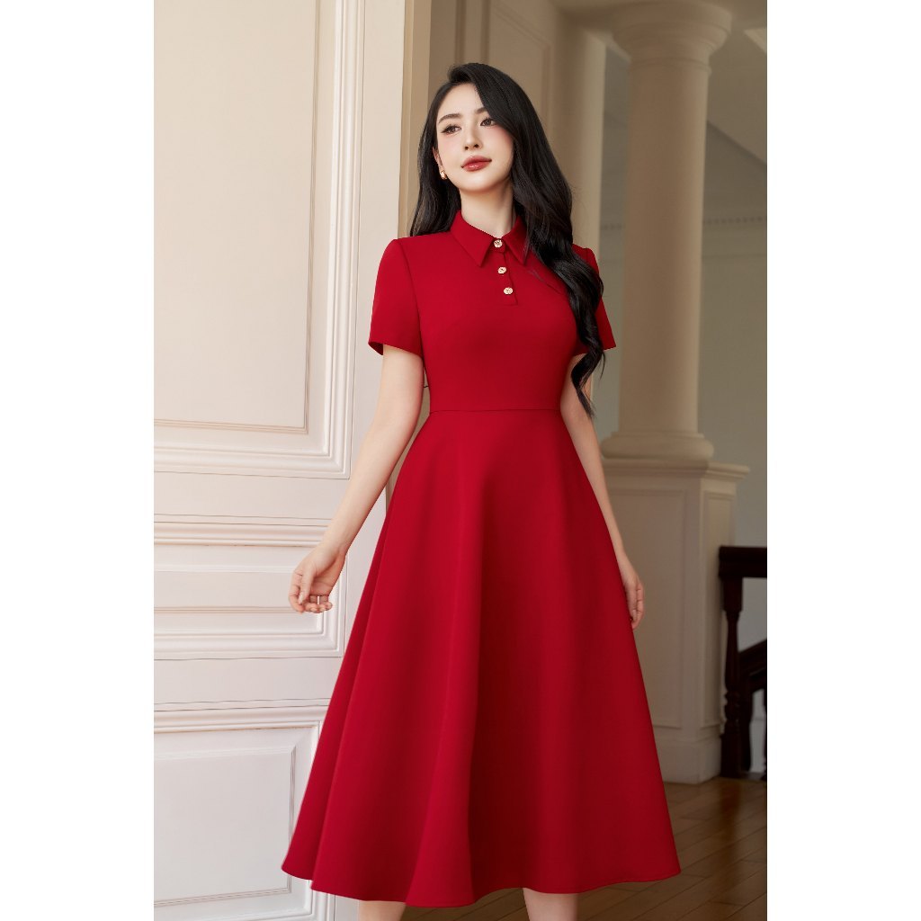 Đầm sơ mi  ELLA DORA  dáng dài nữ form ôm thiết kế thanh lịch đi làm 3 màu ĐỎ/ĐEN/BE [D251]