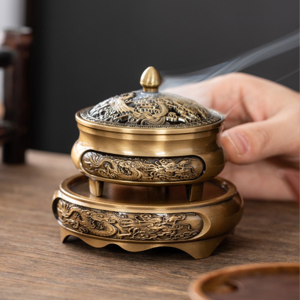 Lư đồng hương đạo chuyên nhang vòng Đỉnh Đốt Nhang, Mẫu Long Phụng, có đế, Thiết Kế Tinh Xảo