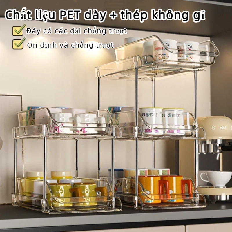 Kệ Trượt Ngăn Kéo Trong Suốt Đa Năng - Đựng Ly, Thuốc, Đồ Dùng Nhà Tắm, Chất Liệu PET Cao Cấp