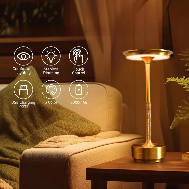 Đèn LED để bàn cảm ứng không dây, sạc USB, 3 chế độ ánh sáng, kim loại cao cấp, trang trí phòng ngủ, bàn ăn, quầy bar