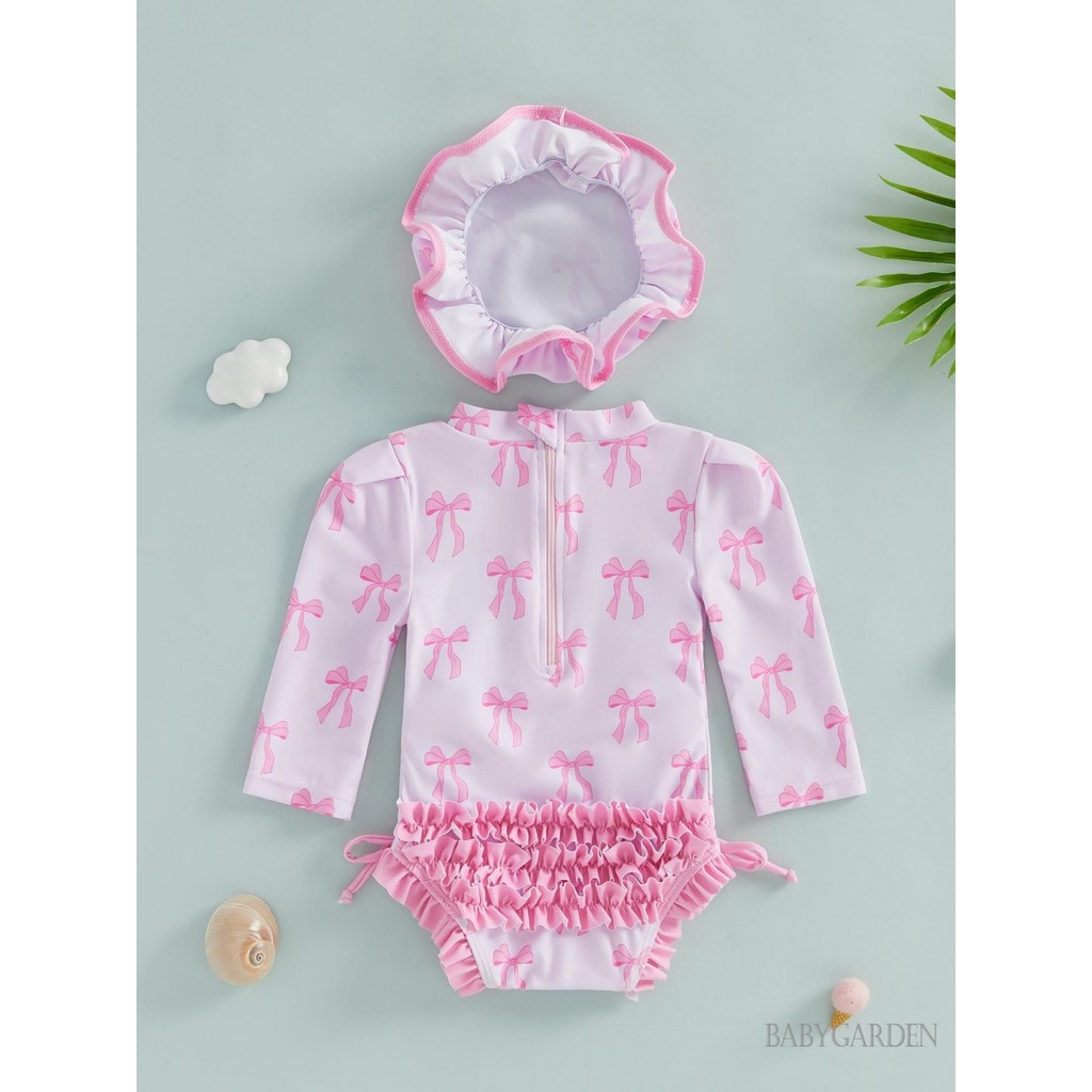 0-24Months Bé Gái Rash Guard Đồ Bơi Tay Dài Hoa / Nơ In Hình Đồ Bơi Xù Có Mũ Cho Bể Bơi Đi Biển