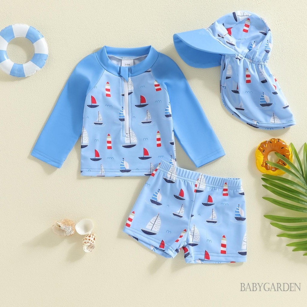 0-5years Trẻ Em Bé Trai 3 Cái Rash Guard Đồ Bơi Tay Dài Cá Mập / Thuyền Thuyền Thuyền In Đồ Tắm Đồ Bơi Có Mũ
